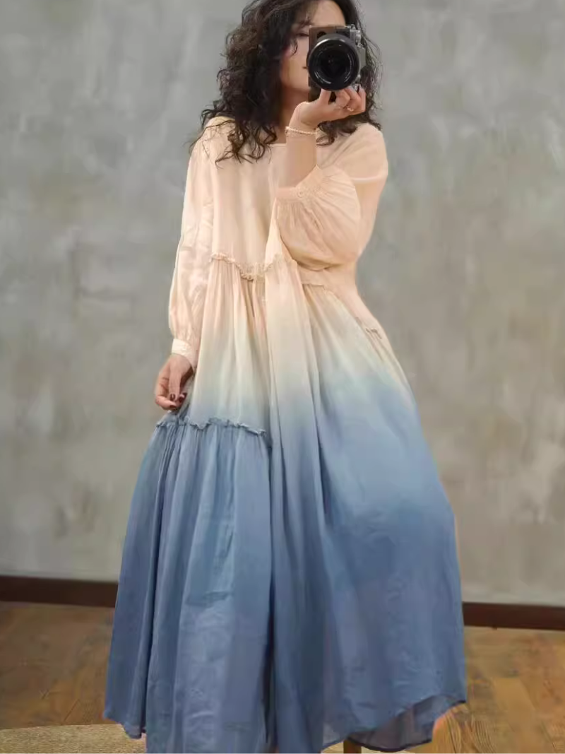 Ombre Ramie Maxi Dress with Gathered Tiers and Poet Sleeves