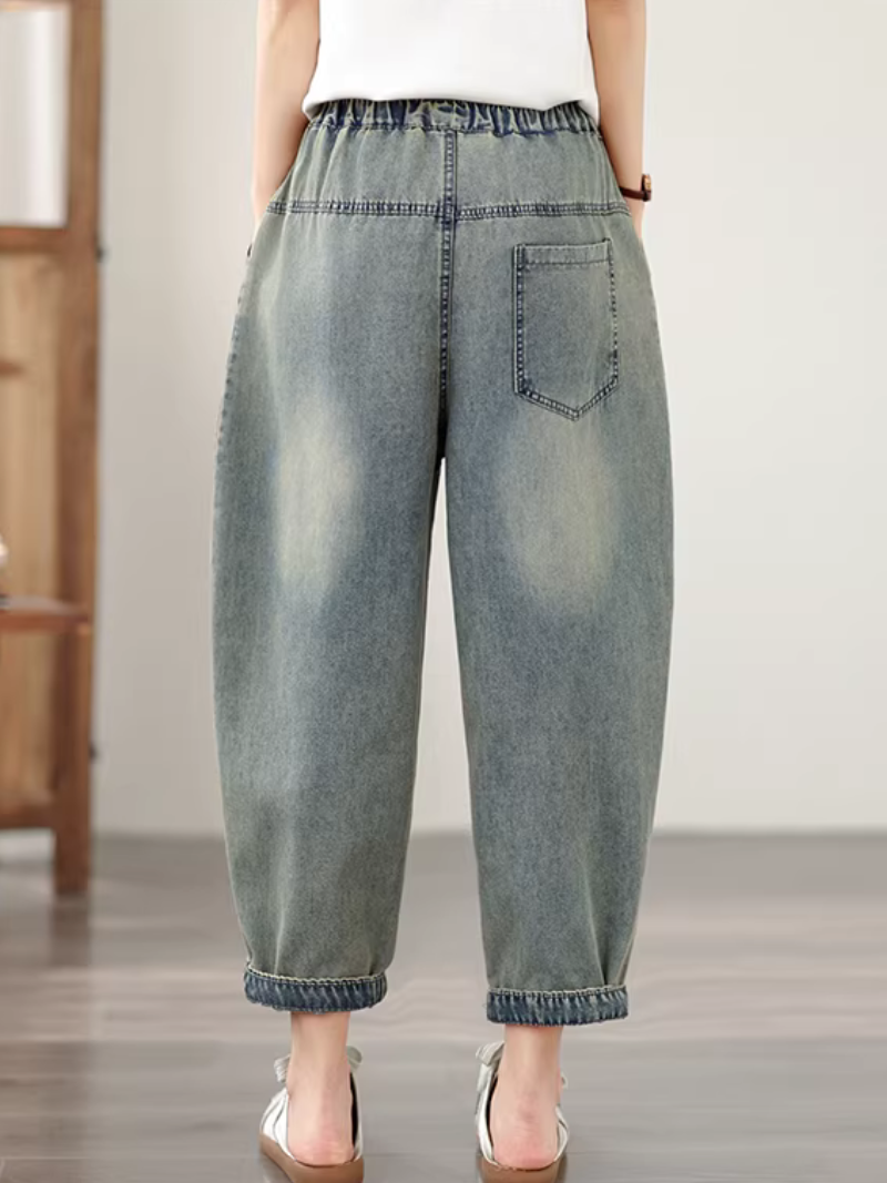 Artful Relaxed Denim Cotton Jogger Pants for Women Elastic Waist Jeans