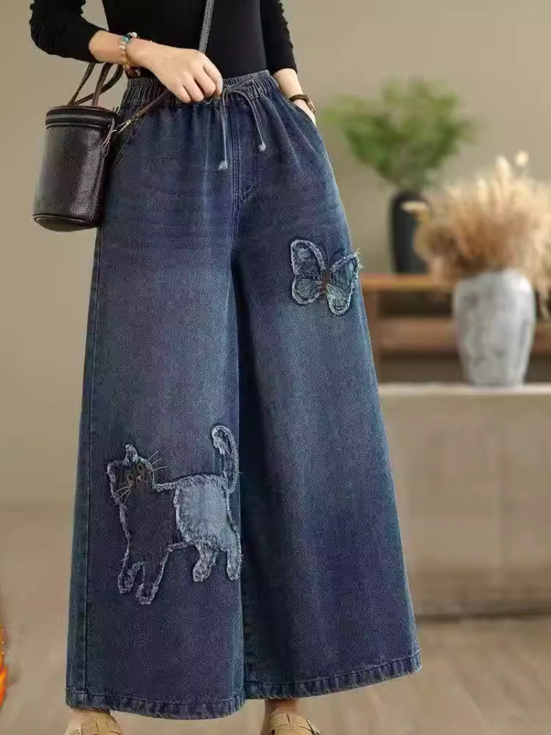 Artisanal Denim Cotton Culottes with Drawstring Waist and Whimsical Appliqué