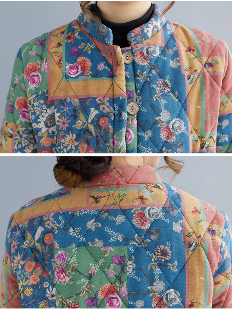 Retro patchwork quilted jacket with plush lining, chic winter coat