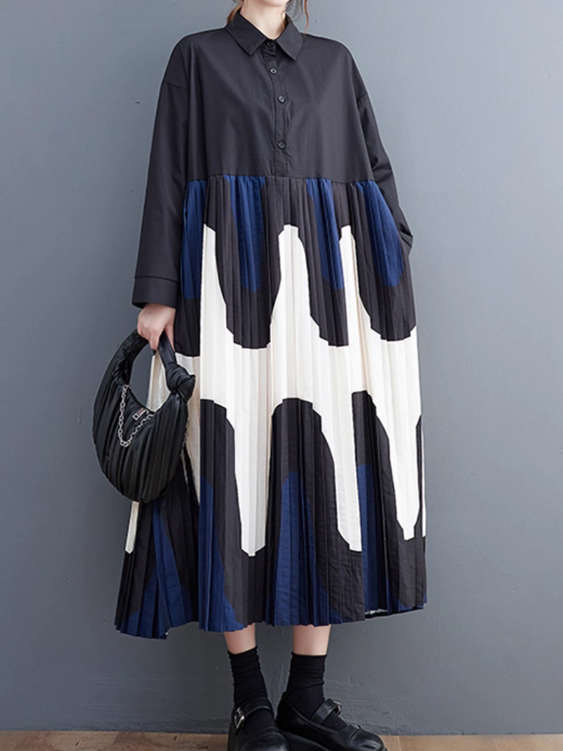 Abstract Pleated Shirt Dress Maxi with Collar, Artful Movement and Poise
