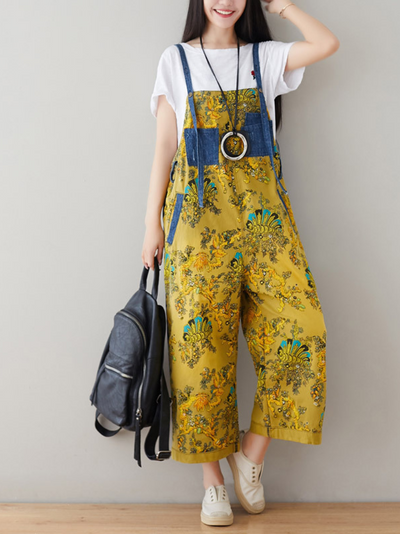 Women's Comfortable Printed Front and Back Pockets Dungarees