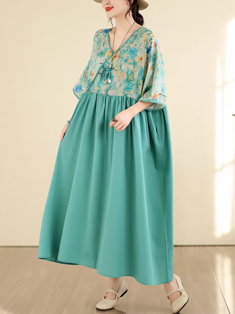 Artful Floral-Bodice V-Neck Maxi Dress in Breezy Viscose Blend Elegance