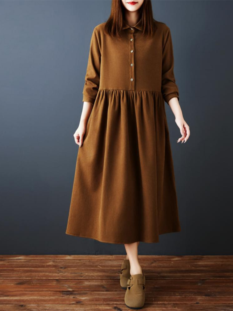 Elegant A-Line Shirt Dress with Gathered Skirt, Spandex Comfort Midi