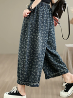 Floral Denim Cotton Wide-Leg Culottes with Tassel Drawstring Women's Pants