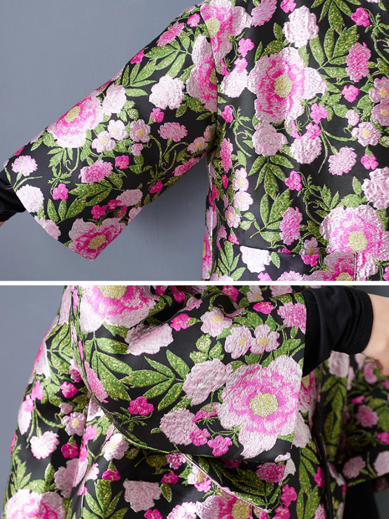 Artful Floral Jacquard Kimono Duster, Oversized Floral Coat Layering Piece