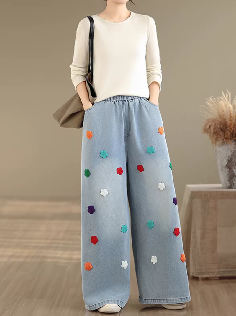 Artful Appliqué Wide-Leg Denim Cotton Pants, Relaxed High-Waist Jeans