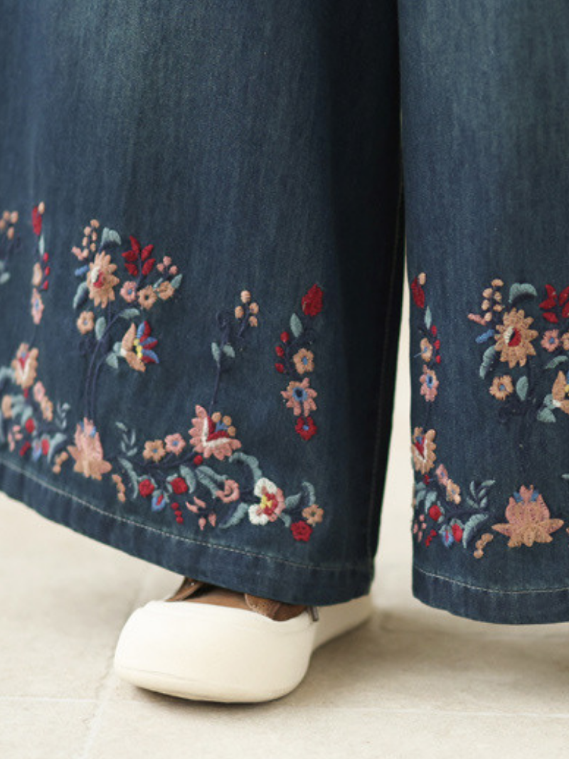 Embroidered Wide-Leg Denim Cotton Palazzo Pants with Elastic Drawstring Waist