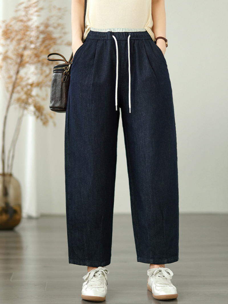 Relaxed Tapered Women's Denim Pants in Cotton with Drawstring Waist