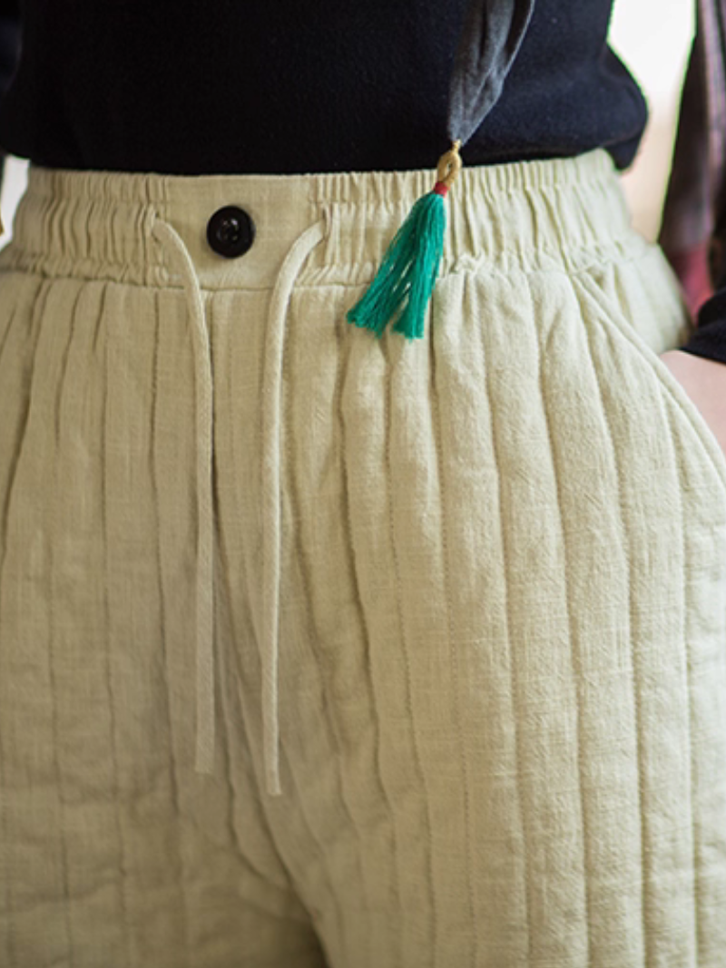 Women’s Quilted Wide-Leg High-Waist Cotton-Linen Pants, Effortlessly Chic Minimal Style Trousers