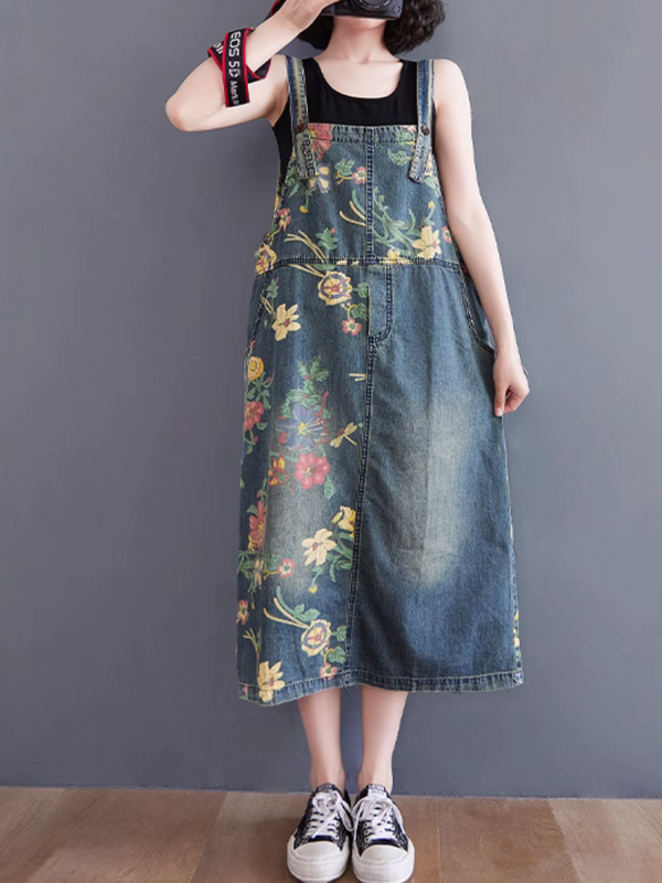 Loose Fit Women's Floral Denim Overalls for Summer