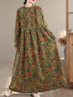 Artful Floral Cotton Boho Maxi Dress with Pintucks and Long Sleeves