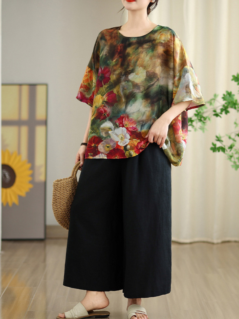 Artful Weekend Blouse — Chiffon Floral Top with Effortless, Flattering Drape