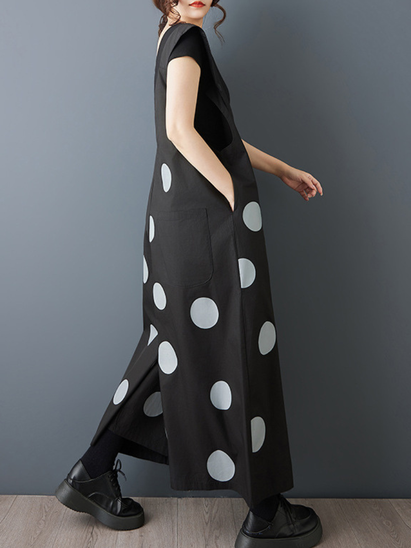 Modern Polka Dot Pinafore Dress with Wide A-line, Sculptural Silhouette
