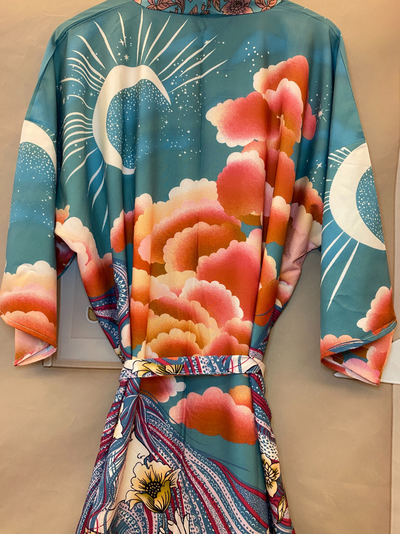 Partywear Floral With Moon Print Green Color Silk Long Length Gown Kimono Duster Robe