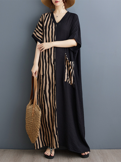 Women's Summer Button-Up Front Large Pockets Kaftan Dress