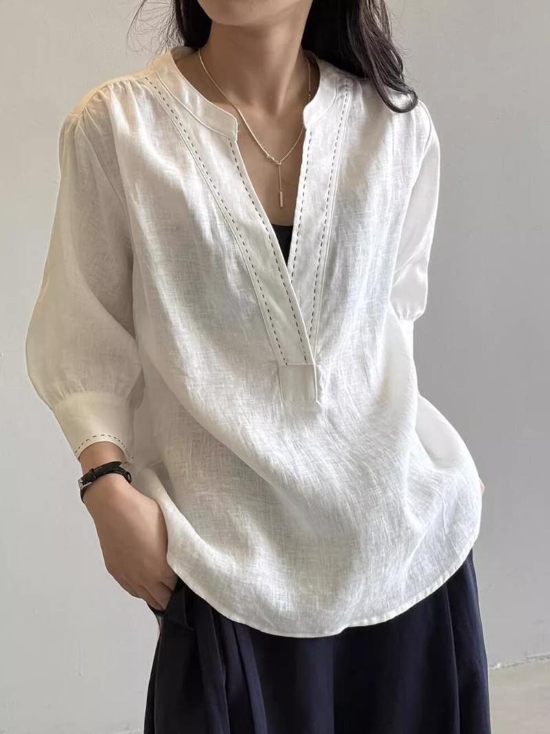 Elegant Notched-Neck Cotton Linen Blouse, 3/4 Sleeve Summer Top for Effortless Days