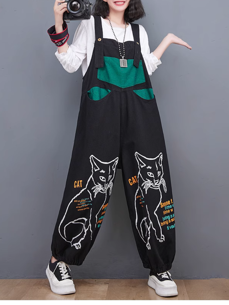 Women's Stylish High Waist Retro Cat Print Overalls Dungarees