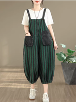 Chic striped cotton-blend harem overalls with patch pockets for women
