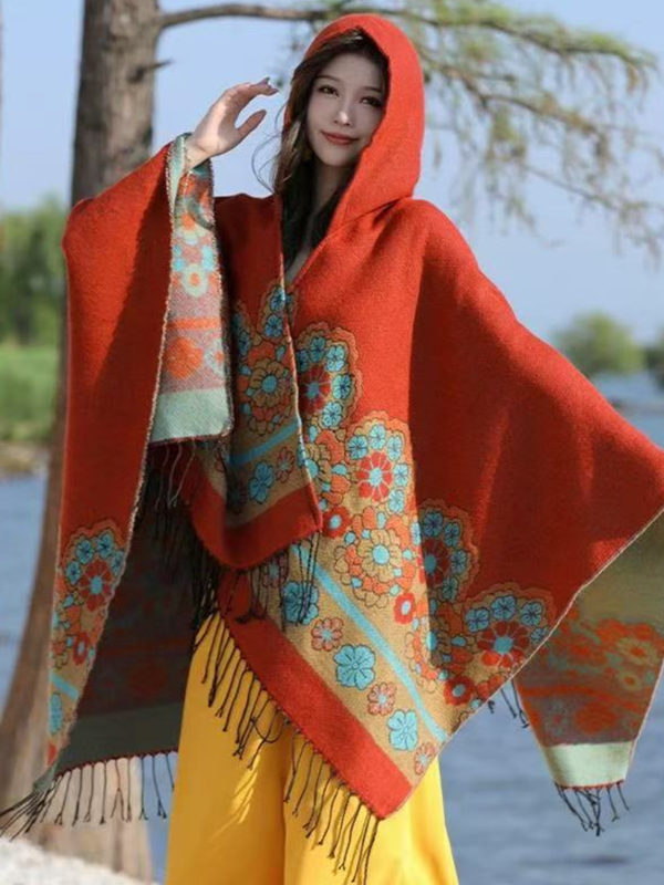 Cozy Weekend Wrap Cape — Vintage Floral Hooded Poncho, Flattering Drape