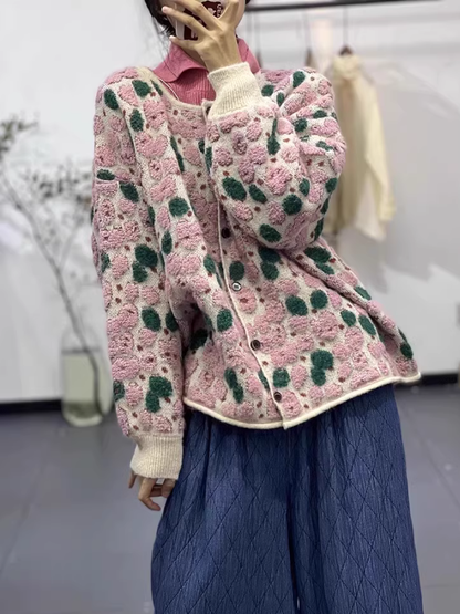 Bouclé Bloom Jacquard Cardigan in Plush Acrylic-Blend Knit with Rib Trims