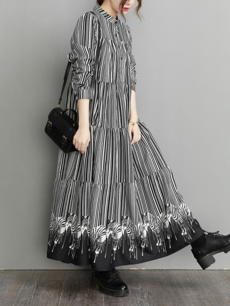 Women's Long Striped Printed Button-Up Maxi Shirt Dress