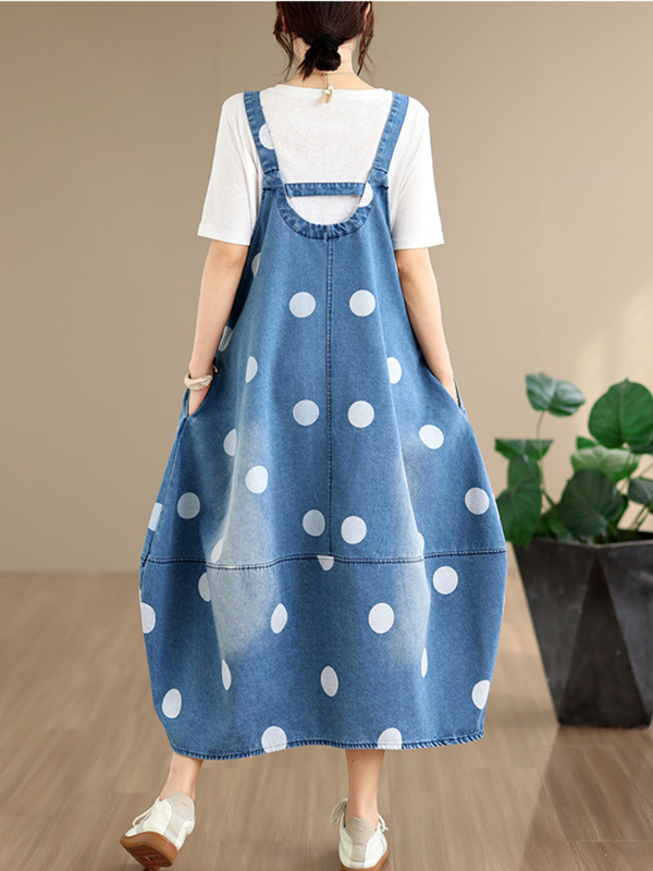 Polka Dot Denim Dress in Cotton, Relaxed A-Line Pinafore Midi