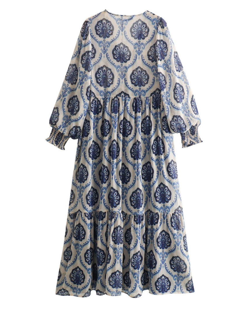Women's Trendy Long-Sleeved V-neck Geometric A-line Printed Dress