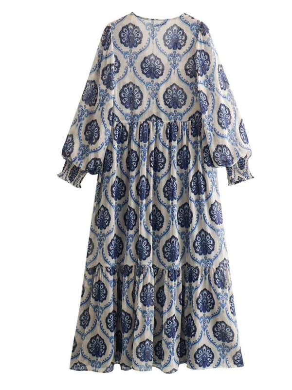Women's Trendy Long-Sleeved V-neck Geometric A-line Printed Dress