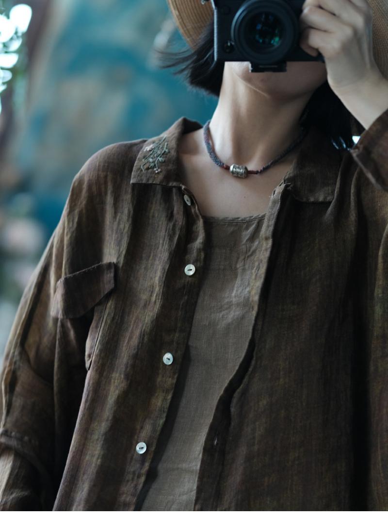 Women's Trendy Vintage Ramie Collar Hand-Embroidered Shirt Top