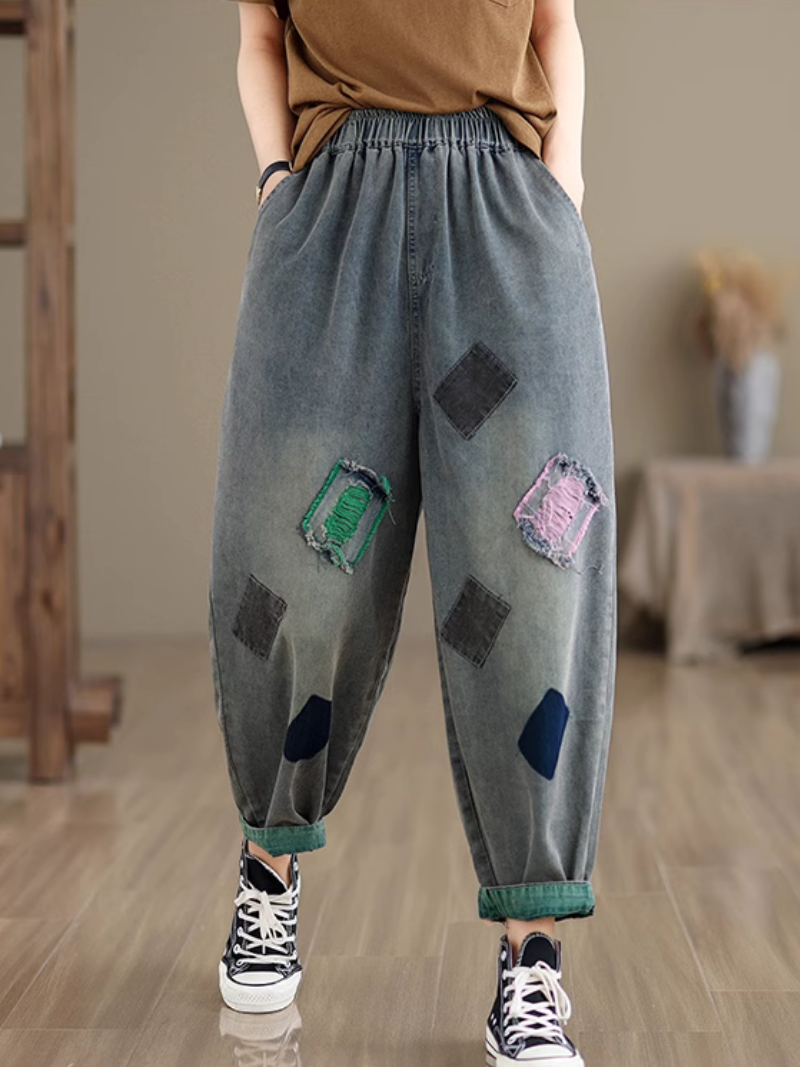 Women's Loose Retro colorful Patched Ripped Bottom