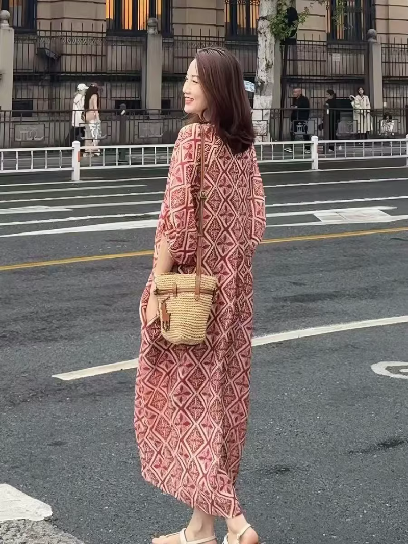 Boho Maxi Dress with V-Neck and Billowed Sleeves in Viscose Rayon