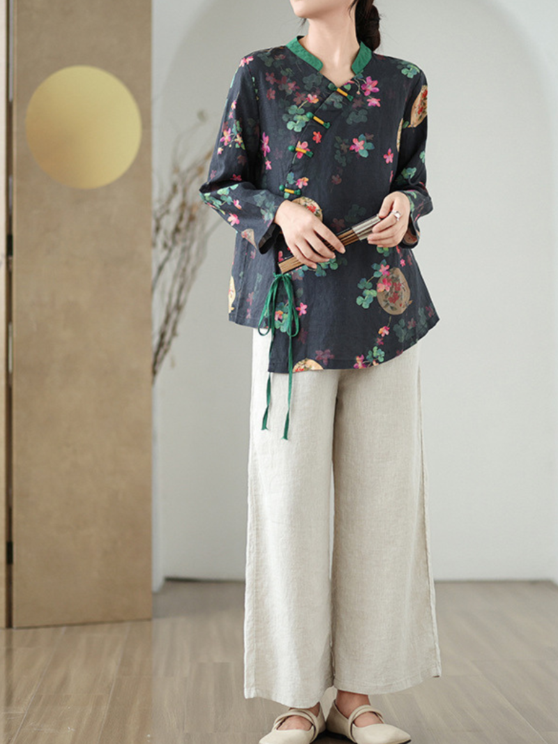 Artisanal Cotton-Linen Floral Blouse with Mandarin Collar and Wrap Detail
