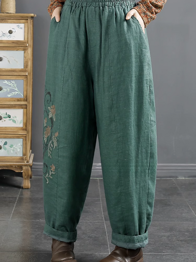 Women's Everyday Vintage Embroidered Pockets Pants Bottom