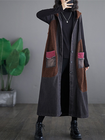 Women's Fashionable Velvet Button-Up Hoodie Coat