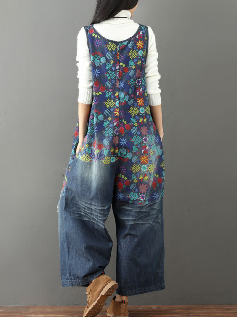 Boho Wide-Leg Denim Overalls with Vibrant Floral Print | Eva Trends