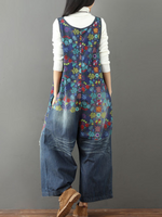 Boho Wide-Leg Denim Overalls with Vibrant Floral Print | Eva Trends