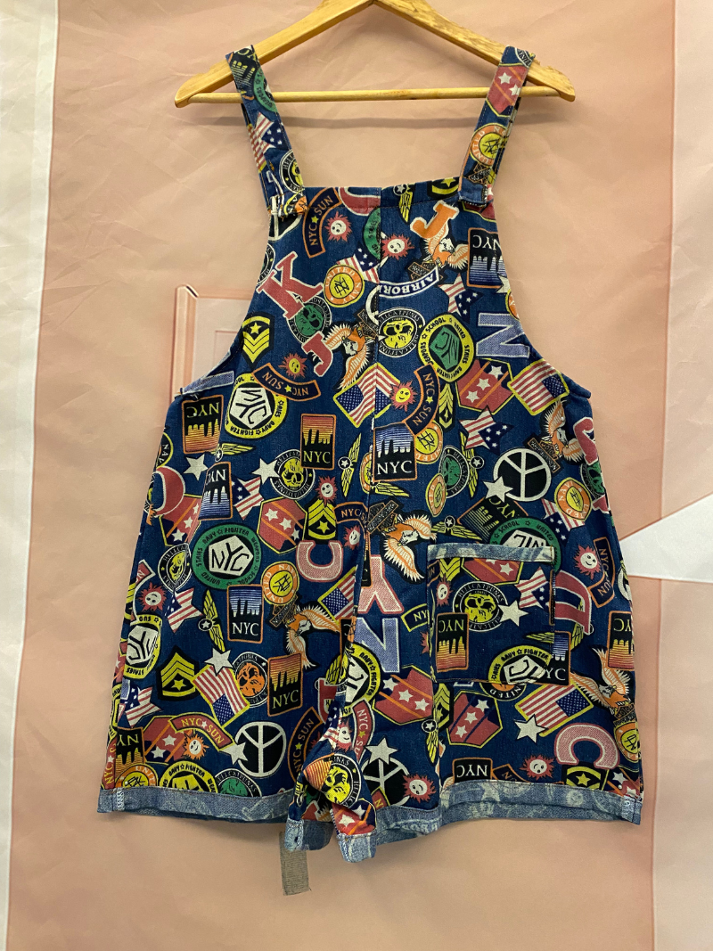 Graphic Print Short Dungarees - NYC Patchwork Denim Style