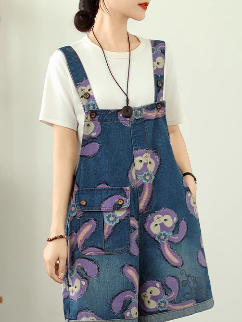 Women's Summer Beautiful & Cartoon Style Printed Denim Short Dungaree