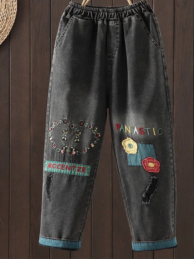 Artful Patchwork Relaxed Tapered Denim Cotton Women’s Jeans