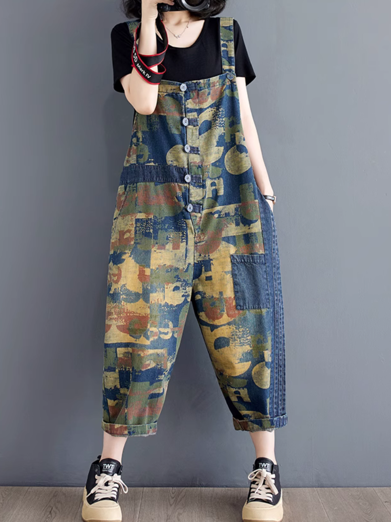 Women's Stylish & Beautiful Thin Denim Printed Overall Dungaree