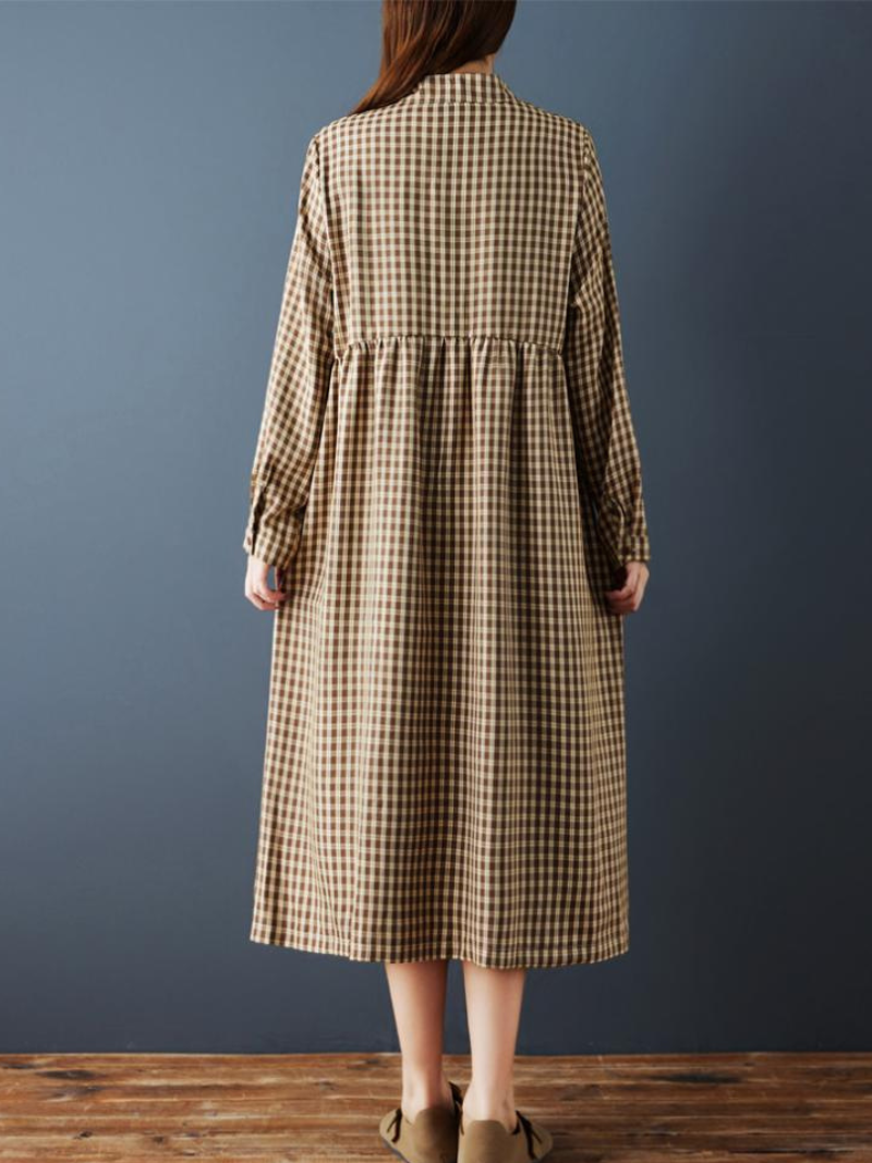 Gingham Cotton-Linen Midi Shirt Dress with Pockets and Gentle Volume