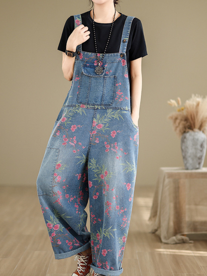 "Floral denim dungarees with pockets – oversized wide leg overalls for plus size women"