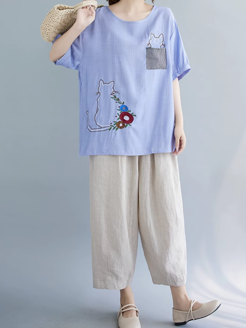 Women's Summer Embroidery & Cat Style T-Shirt Top
