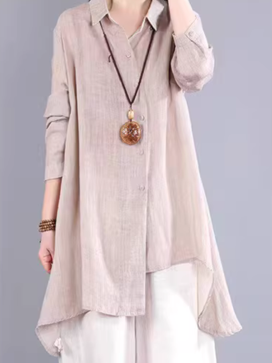 Asymmetric Longline Linen Shirt Tunic in Cotton Linen Blend, Refined