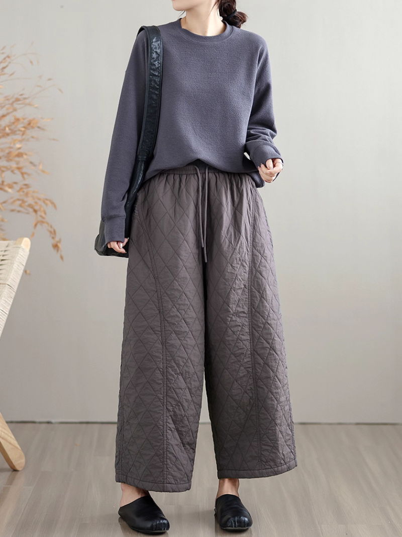 Women's Quilted Wide-Leg Cotton Blend Winter Pants with Drawstring Waist