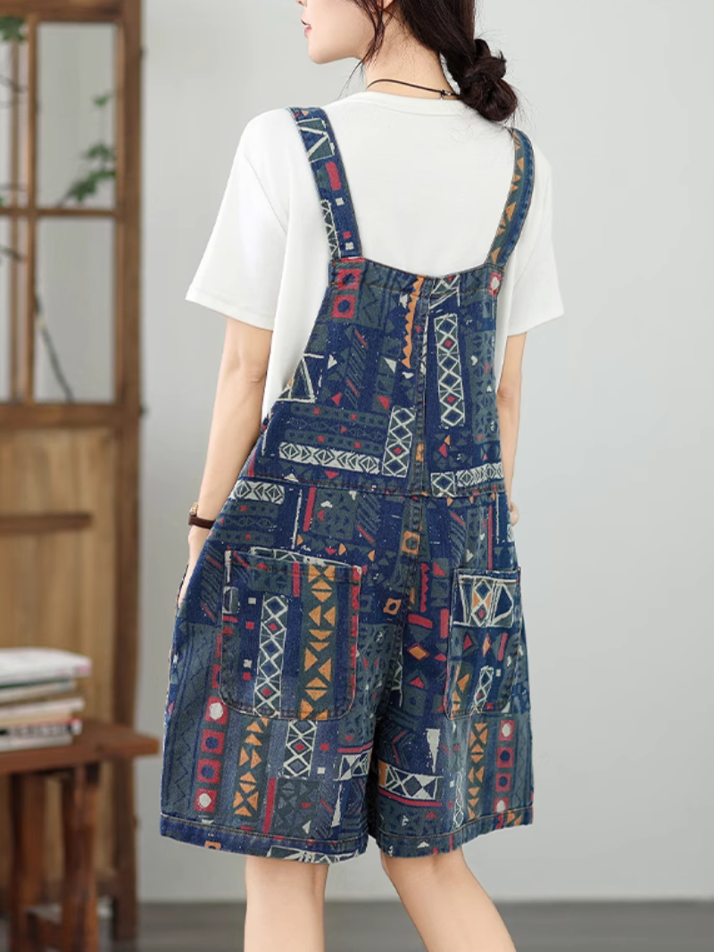 Women's Retro Style Printed Denim Bib's Short Overall Dungaree