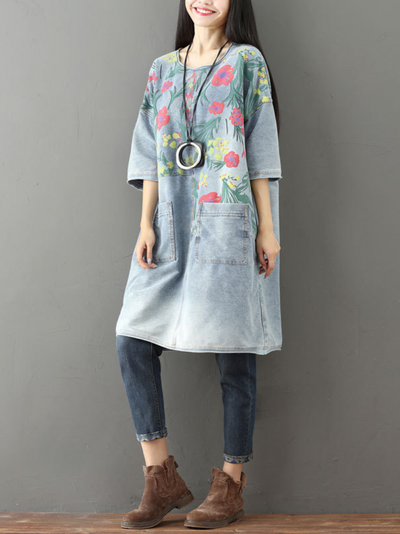 Women's Casual & Soft Floral Large Pockets  Midi Dress