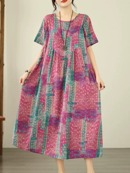 Artisanal Boho Midi Dress in Cotton Linen Blend, Relaxed Painterly Pri –  Eva Trends