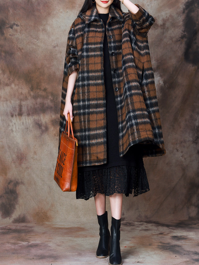 Women'a Coffee Cape-Style Plaid Hooded Coat